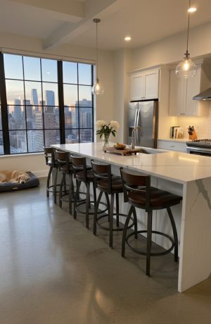 Holland's 881 Revelle Pewter Metal Swivel Counter Stools with Low Back and Dark Wood Back - in Modern Kitchen