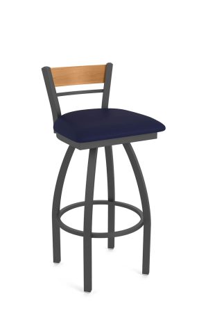 Holland's 881 Revelle Pewter Swivel Bar Stool with Medium Wood Back and Blue Seat Cushion