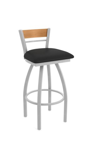 Holland's 881 Revelle Silver Swivel Bar Stool with Low Back, Medium Wood, and Black Vinyl Seat