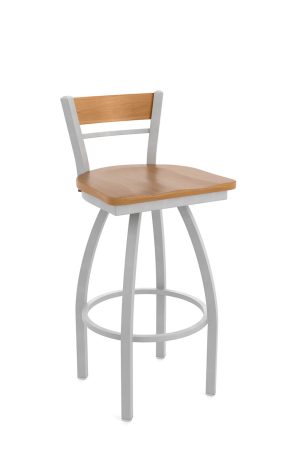 Holland's 881 Revelle Silver Swivel Bar Stool with Medium Wood Back and Seat