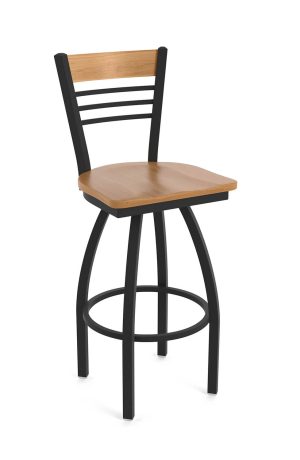 Holland's Eleanor 880 Black Wrinkle Swivel Bar Stool with Medium Wood Back and Seat