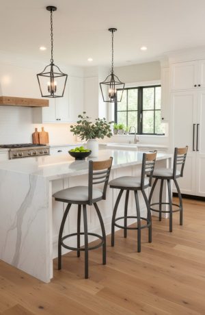 Holland's Eleanor 880 Pewter Metal Bar Stools in Dark Wood Back and Seat in Modern White Kitchen