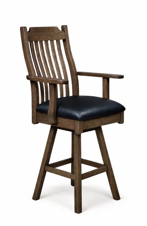Simply Amish's Urbandale Dark Brown Wood Swivel Bar Stool with Arms and Black Leather