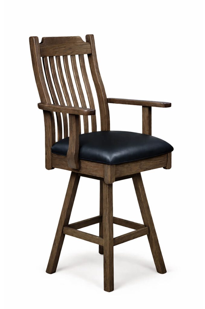 Simply Amish's Urbandale Dark Brown Wood Swivel Bar Stool with Arms and Black Leather