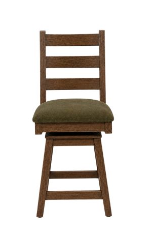 Solid Wood Swivel Bar Stool with Ladder Back and Green Fabric