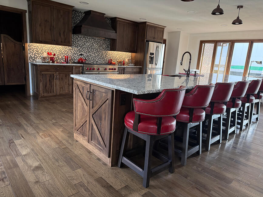 Style Upholstering's 141 Red Leather Swivel Bar Stools in Customer's Kitchen