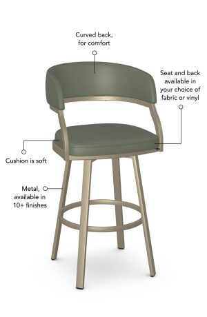 Featuring a curved back for comfort, seat and back is available in your choice of fabric or vinyl, metal frame is available in over 10 finishes to choose from. The seat cushion on this is soft, so it will give a little when you sit down for comfort.