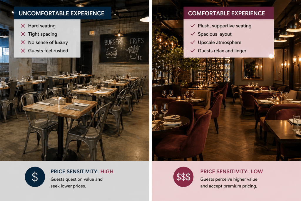 Side-by-side restaurant comparison showing how uncomfortable seating increases price sensitivity while comfortable seating supports higher perceived value and premium pricing.