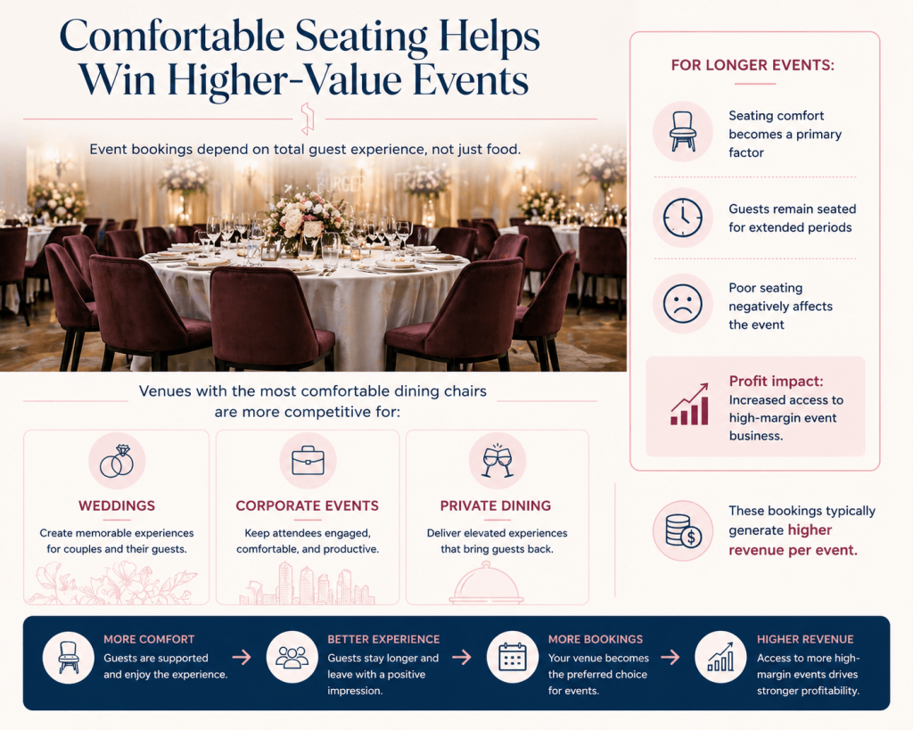 Infographic showing how comfortable dining chairs help venues attract weddings, corporate events, and private dining bookings that generate higher event revenue.