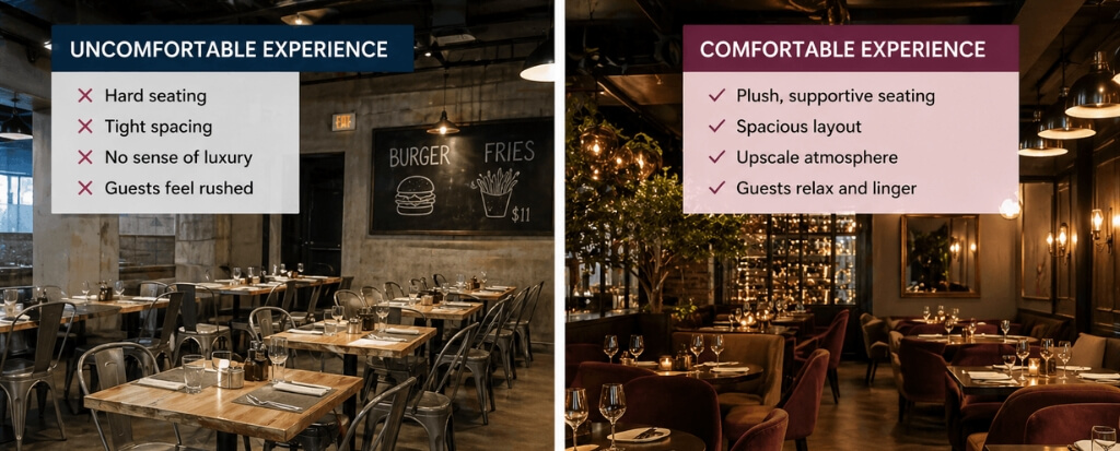 Side-by-side restaurant comparison showing how uncomfortable seating increases price sensitivity while comfortable seating supports higher perceived value and premium pricing.