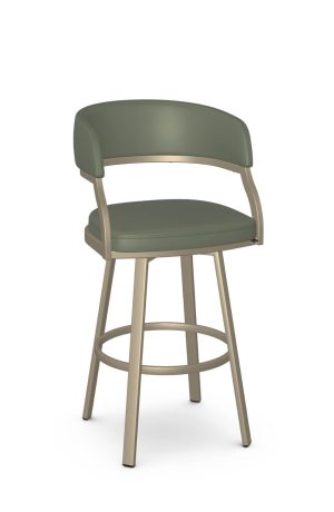 Amisco's Mazzy Modern Swivel Bar Stool with Arms and Green Upholstery and Champagne Frame