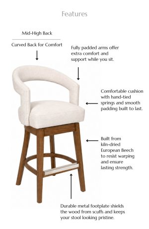 17 custom upholstered swivel bar stool with barrel back, padded arms, hand-tied spring cushion, European beech wood frame, and metal footplate.