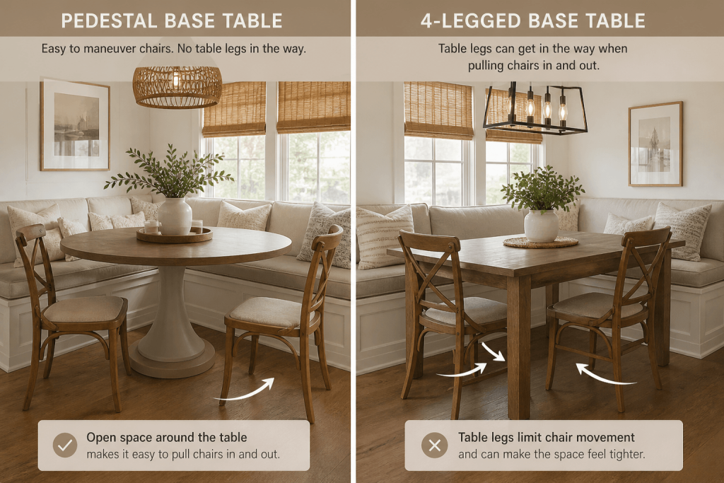 Comparison of pedestal base table vs four-legged table in a small breakfast nook showing easier chair movement with pedestal design