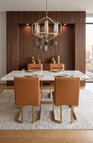 Cognac Upholstered Dining Chairs with Gold Metal Legs - Back View