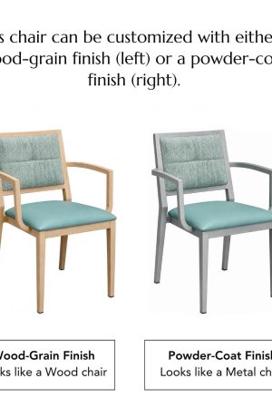 This chair can be customized with either a wood-grain finish (left) or a powder-coat finish (right).