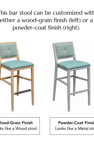 This bar stool can be customized with either a wood-grain finish (left) or a powder-coat finish (right).