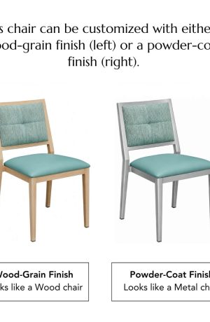 This chair can be customized with either a wood-grain finish (left) or a powder-coat finish (right).