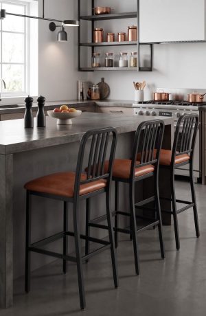 Black Industrial Bar Stool with Back and Seat Cushion - In Industrial Kitchen