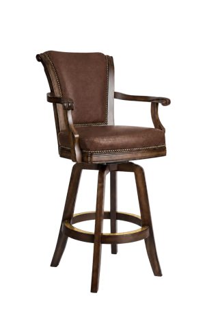 Classic Brown Swivel Bar Stool with Arms and Nailhead Trim