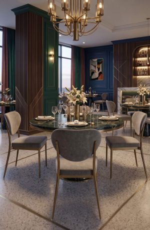 Gray Upholstered Dining Chairs with Gold Metal Legs in Modern Dining Room