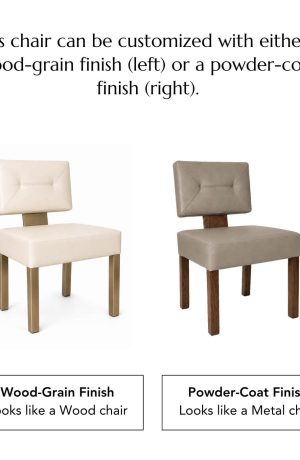 This chair can be customized with either a wood-grain finish (left) or a powder-coat finish (right).