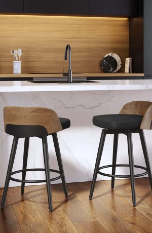 Modern Low Back Swivel Bar Stool with Wood Back in Modern Kitchen - Amisco's Frank