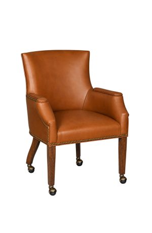 Saddle Brown Leather Caster Arm Chair with Nailheads - #555 Style Upholstering