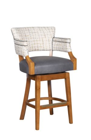 Upholstered Swivel Bar Stool with Padded Arms and Wood Base - 6707 Style