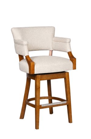 White Upholstered Swivel Bar Stool with Arms - Wood Legs - 6707