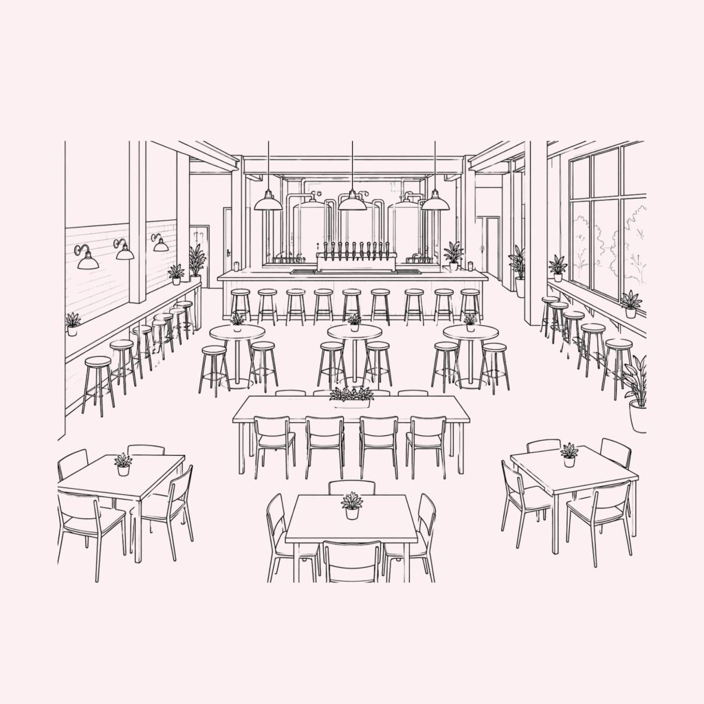 Line drawing of a brewery taproom with a main bar, wall counters, high-top tables, communal seating, window rail, and standard dining tables.