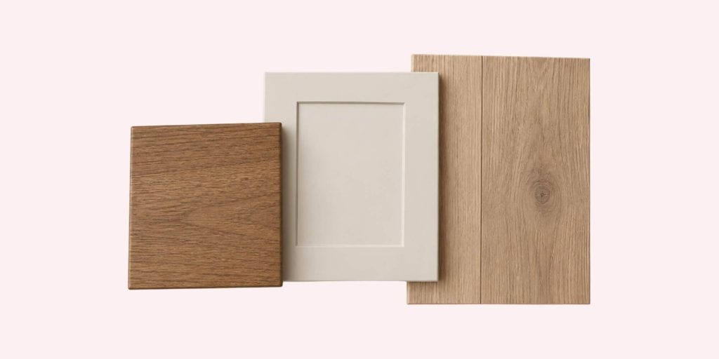 Minimal graphic showing a wood stool finish sample placed beside a painted cabinetry sample and light wood flooring sample for comparing tones together.