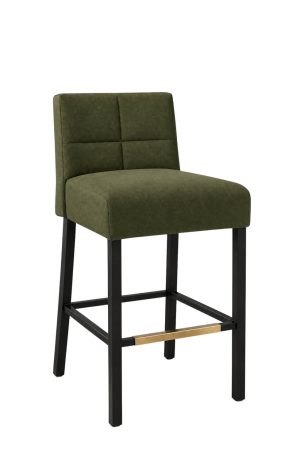 Green Upholstered Black Metal Bar Stool with Low Back - Celia
