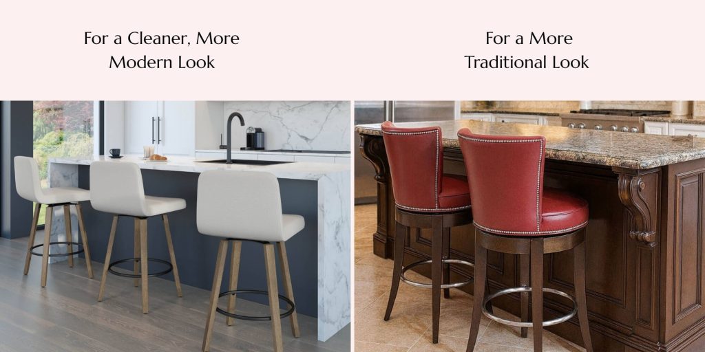 Modern wood bar stools with cream upholstery compared with traditional dark wood stools with red upholstery and nailhead trim.