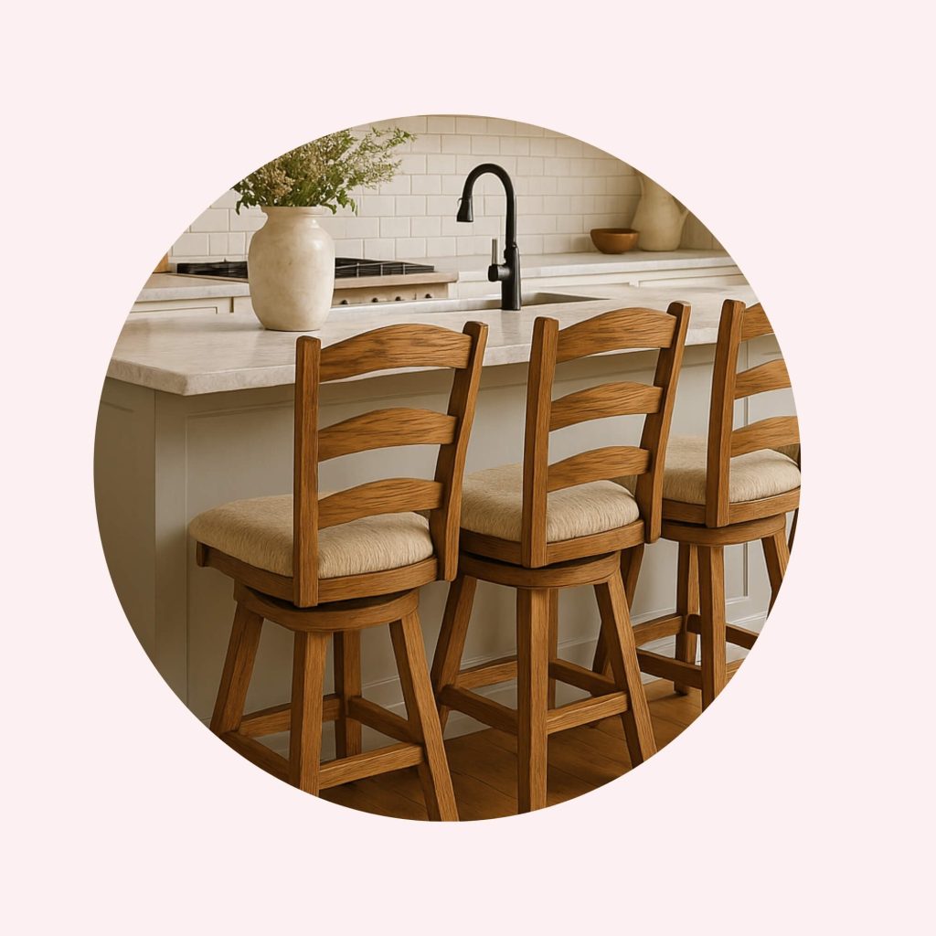 Minimal kitchen graphic showing a wood bar stool beside a smooth stone island, illustrating how wood adds grain, variation, and natural detail to cabinetry, tile, and stone.