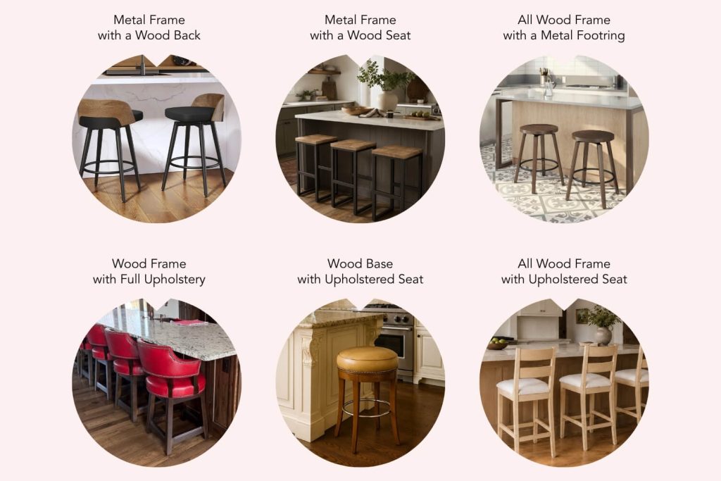 Six bar stool styles showing metal frames with wood backs or seats, wood frames with metal footrings, and upholstered wood stools.