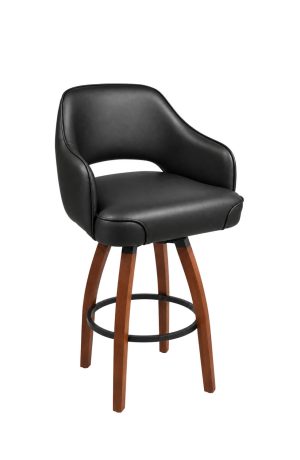 Black Faux Leather Wood Swivel Bar Stool - Wide Seat - Arms - Curved Back - Trendler #T86