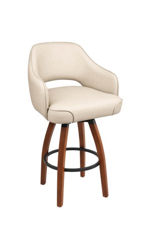 Cream Faux Leather Wood Swivel Bar Stool - Wide Seat and Arms - Curved Back - Trendler #T86