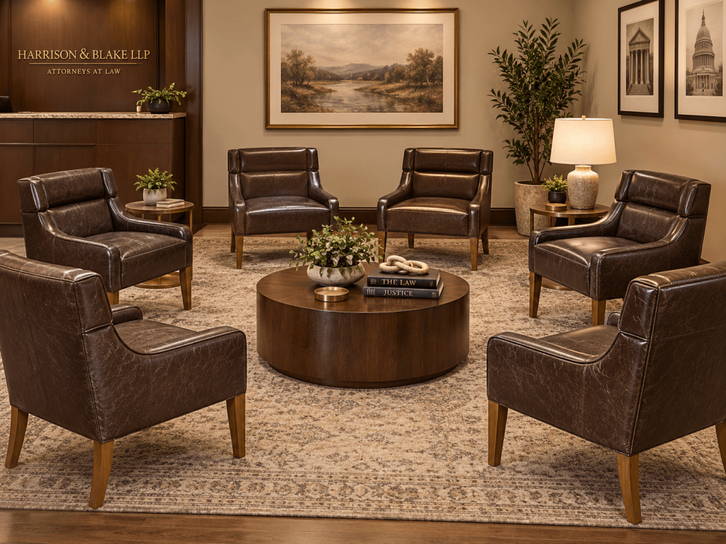 Upscale law office waiting room featuring brown leather club chairs arranged around a round wood coffee table, with warm wood finishes and elegant decor