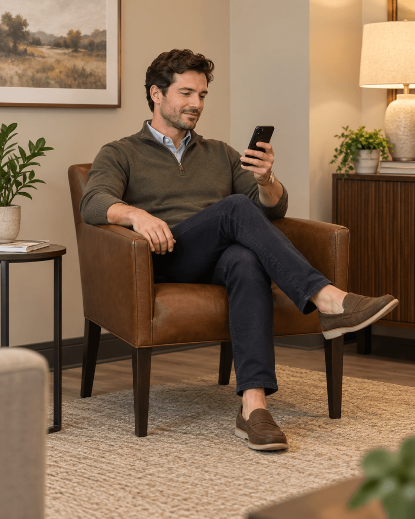Man using his smartphone while seated in a brown leather waiting room chair with arms in a warm, professional office reception area.