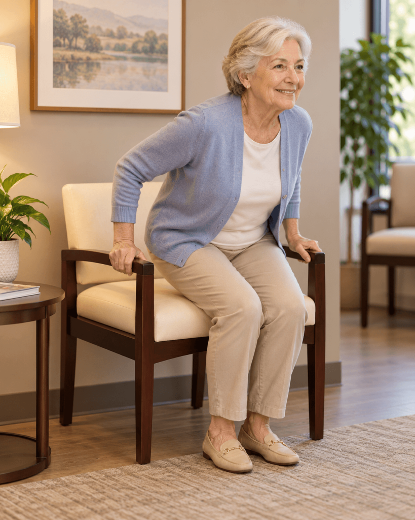Elderly woman using the wooden armrests of an upholstered medical waiting room chair for support while standing up.