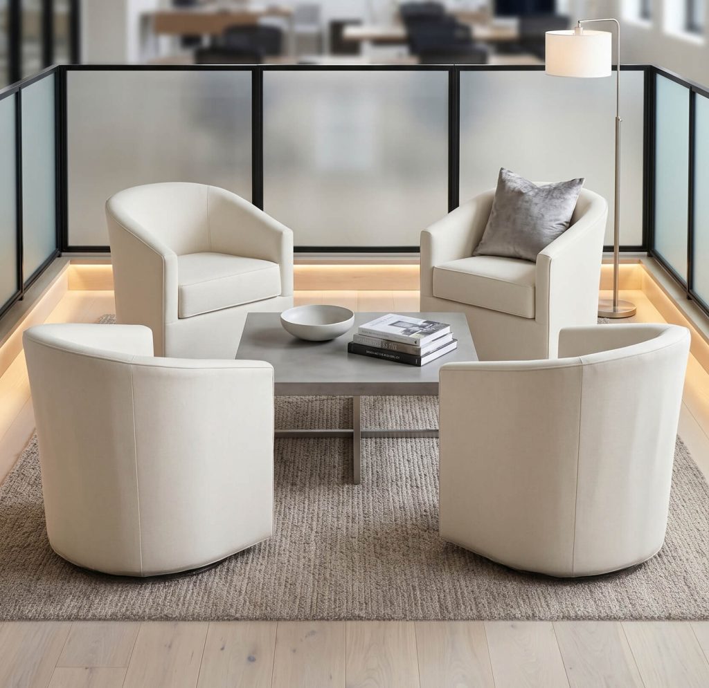 Modern office reception area with four white upholstered swivel club chairs arranged around a square coffee table in a contemporary seating area