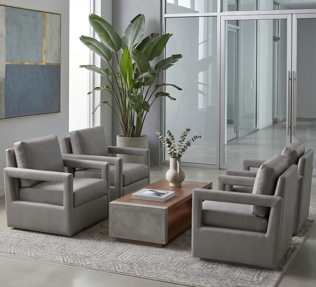 Modern office waiting room with four gray upholstered club chairs arranged around a wood coffee table, featuring glass walls and contemporary decor.