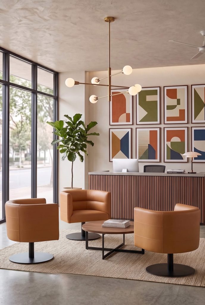 Modern studio reception area with three cognac-colored upholstered barrel chairs, a round coffee table, and colorful geometric artwork