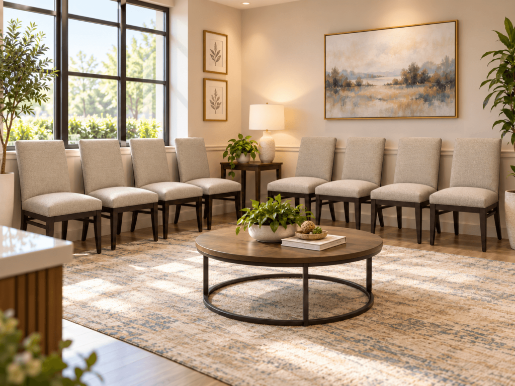 Modern waiting room with beige upholstered armless reception chairs, dark wood legs, a round coffee table, and warm neutral decor