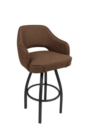 Upholstered Brown Swivel Bar Stool with Wide Seat - Black Metal Base - T86 Trendler
