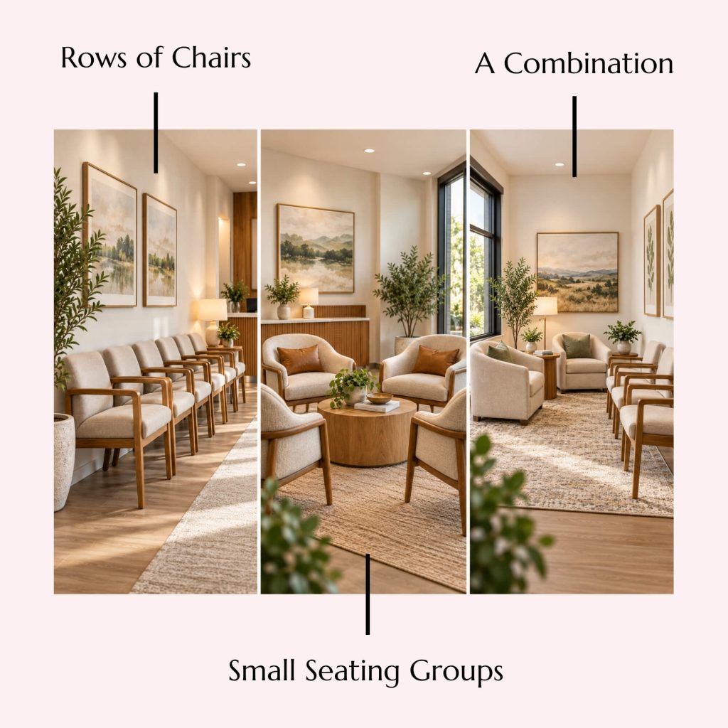 Three waiting room chair layout ideas showing upholstered reception chairs arranged in rows, small seating groups around a coffee table, and a combination of both