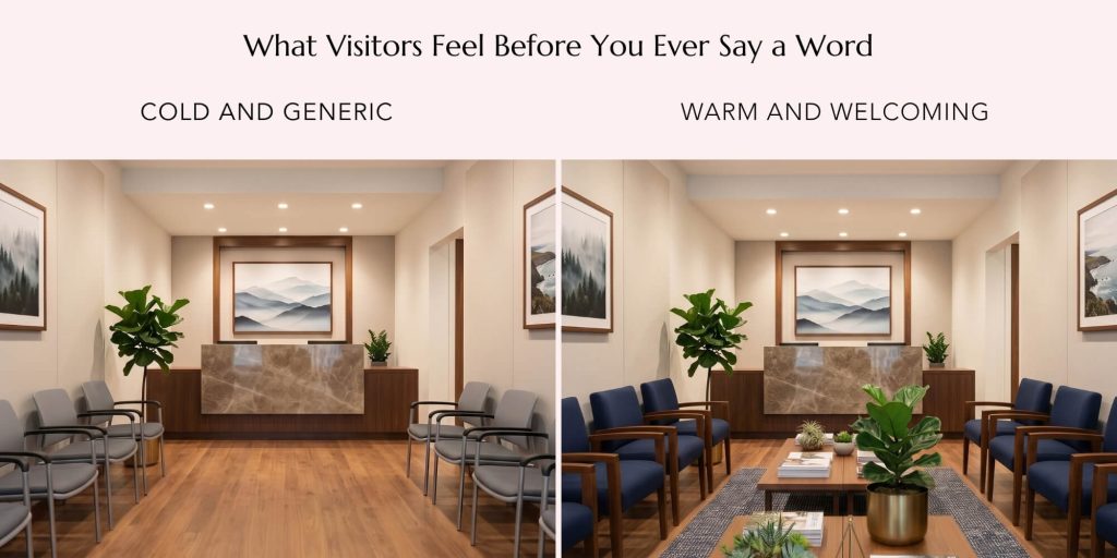 Side-by-side comparison of waiting room chairs in a professional reception area, showing basic gray office guest chairs versus welcoming blue upholstered chairs with wooden arms