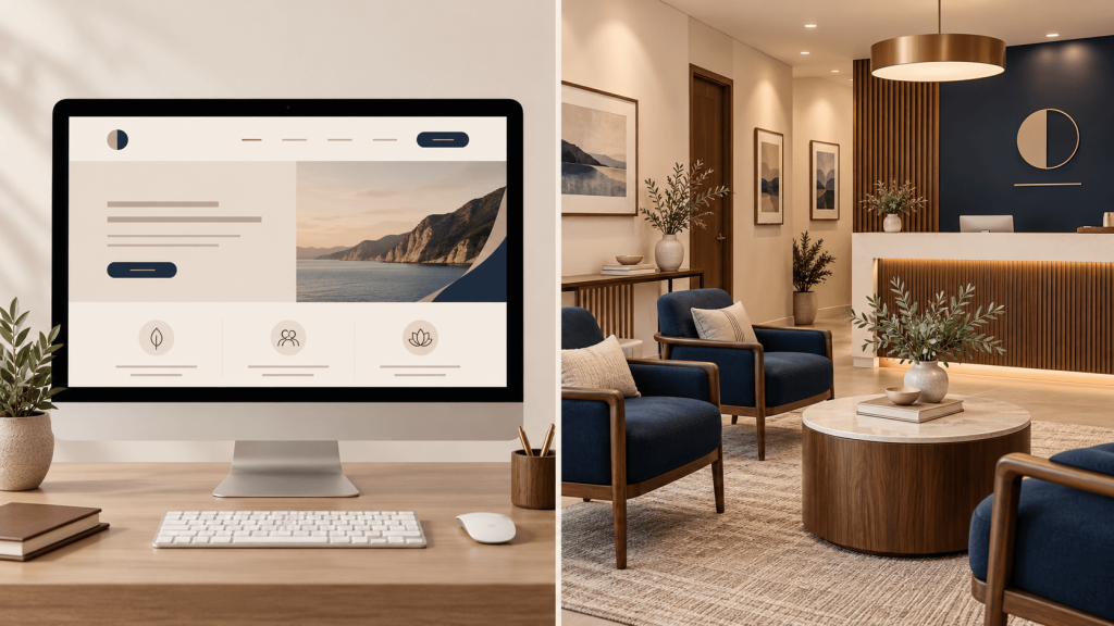 Side-by-side image of a branded business website and a matching reception area with navy blue upholstered waiting room chairs, warm wood finishes, and coordinated colors.