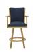 Wesley Allen's Humphrey Tilt Swivel Bar Stool in Gold Metal Finish and Blue Seat Cushion with Arms - Front View