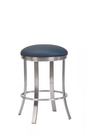 Wesley Allen's Bali Modern Backless Stainless Steel Bar Stool in Blue Seat Cushion